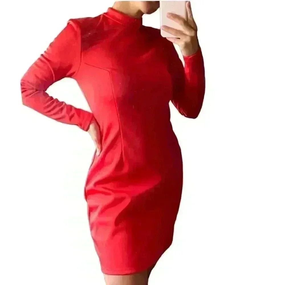 H&M Nikki Minaj Red Poly Scuba Fitted Mock Neck Long Sleeve Dress NEW